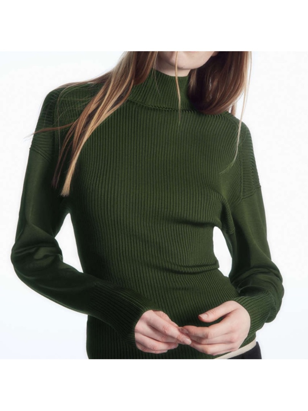 COS Women’s Olive Green Ribbed ok Mock Neck Sweater Back Tight Size M